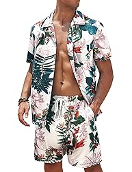 COOFANDY Mens Hawaiian Floral Set Tropical Button