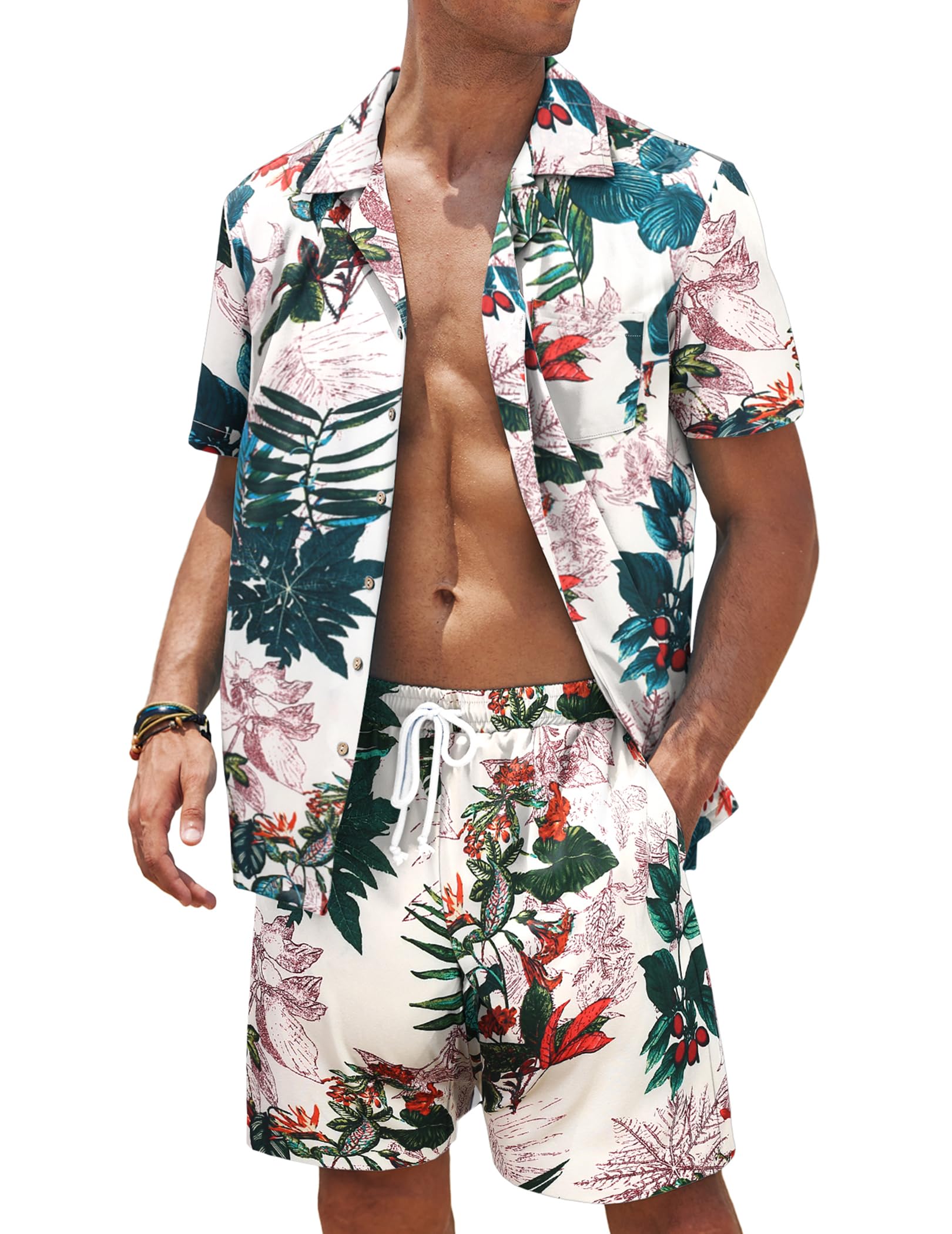 COOFANDY Mens Hawaiian Floral Set Tropical Button