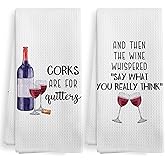 XNXLDYLH Funny Wine Kitchen Towels and Dishcloths Sets of 2, Funny Hostess Wine Accessories Gifts for Women Men Lovers, Corks Are For Quitters Decor Dish Hand Tea Towels for Kitchen, 16x24 Inches