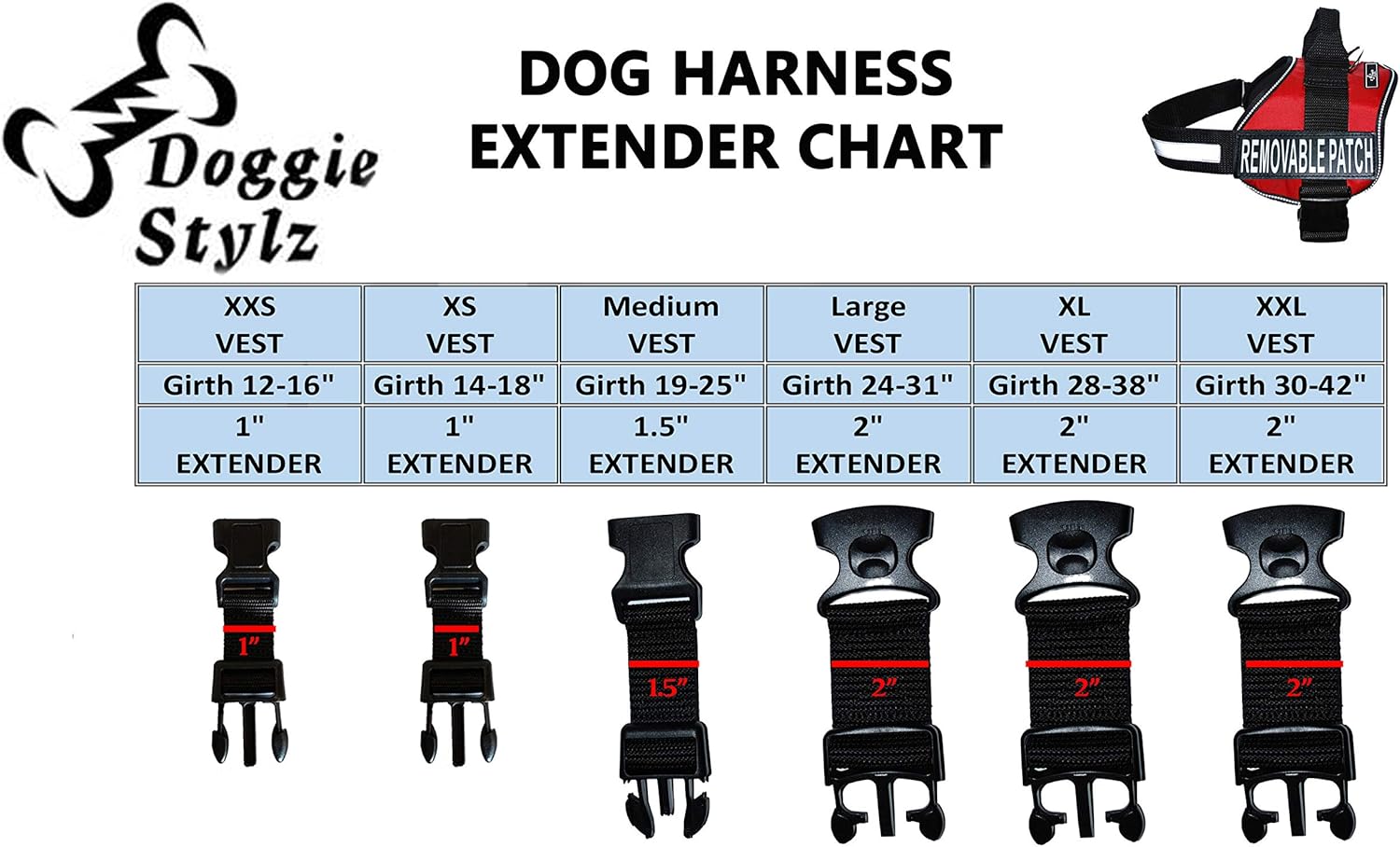 Doggie Stylz Dog Harness Girth Strap Extender Harnesses, Adds 5 Extra