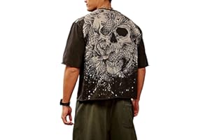 AuriksaLith Men’s Oversized Skull Graphic T-Shirt Vintage Wash Streetwear Tee for Gym Running Casual Drop-Shoulder