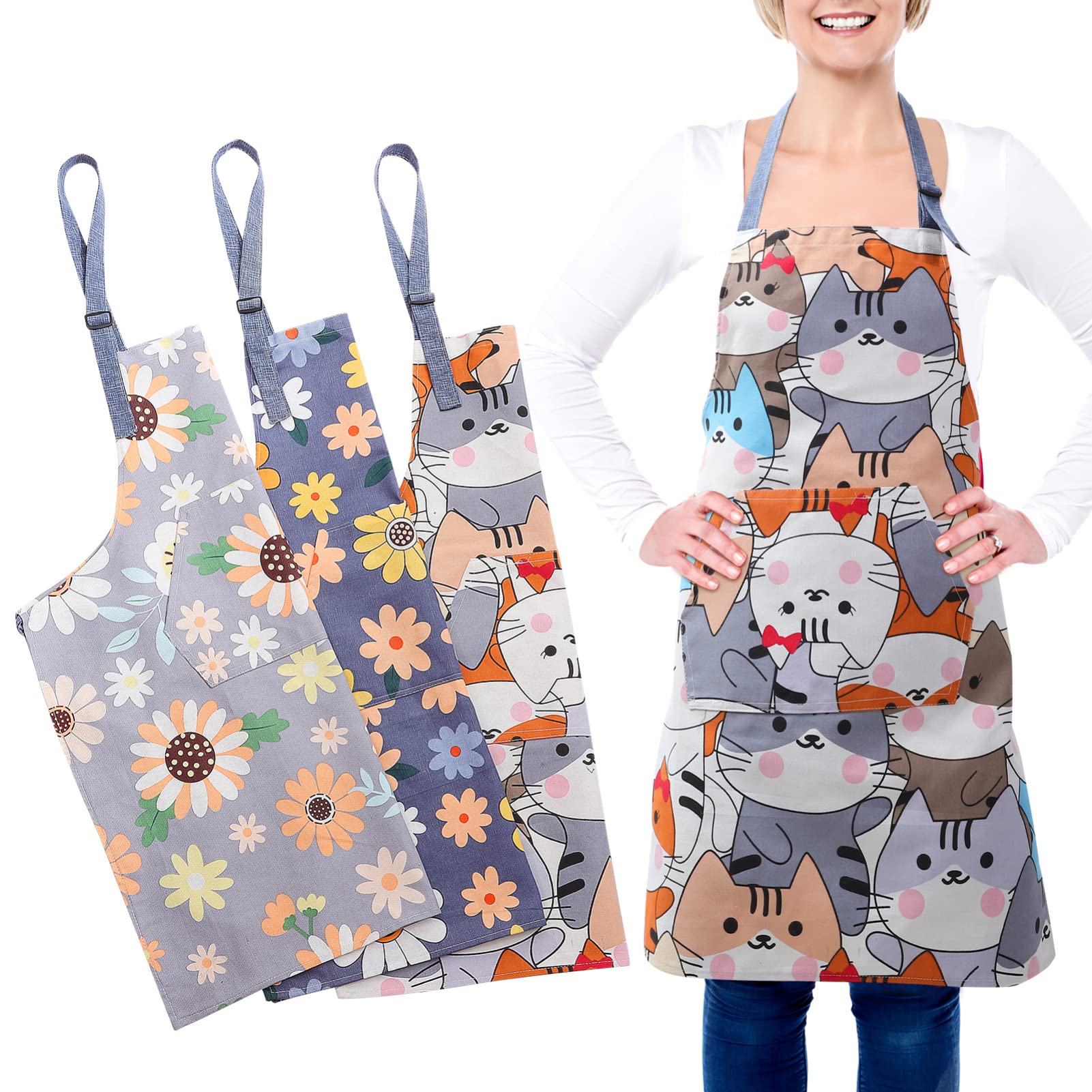 iplusmile 3 Pack Aprons for Women with Pockets Cooking Kitchen Aprons, Adjustable Floral Apron for Chef, Kitchen, BBQ, Cooking, Drawing or Crafting