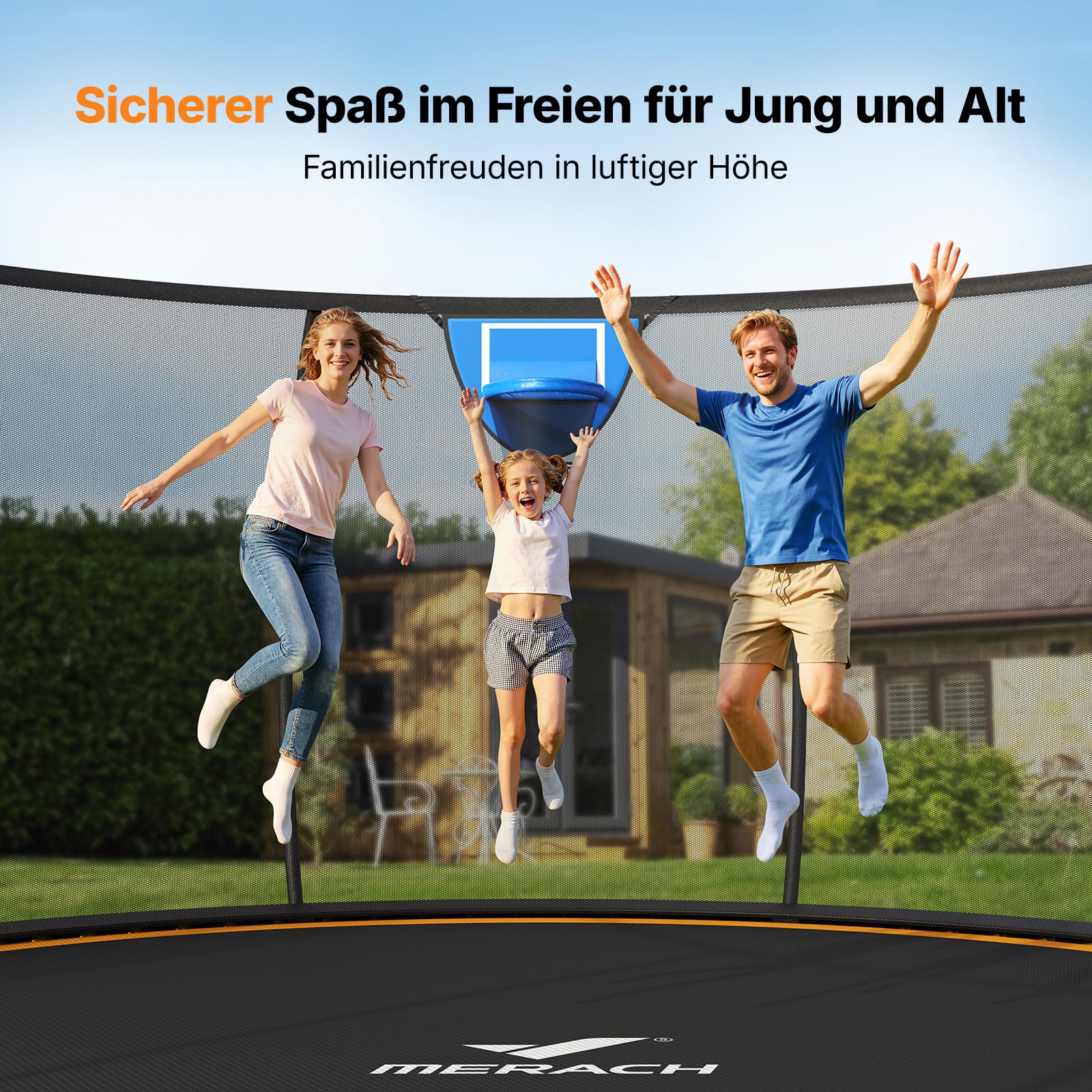 MERACH Trampolin Outdoor 305cm/366cm/427cm/488cm, Trampolin Sicherheitsnetz und Basketball, MaxLoad 150KG Bodentrampolin Outdoor Gartentrampolin 2