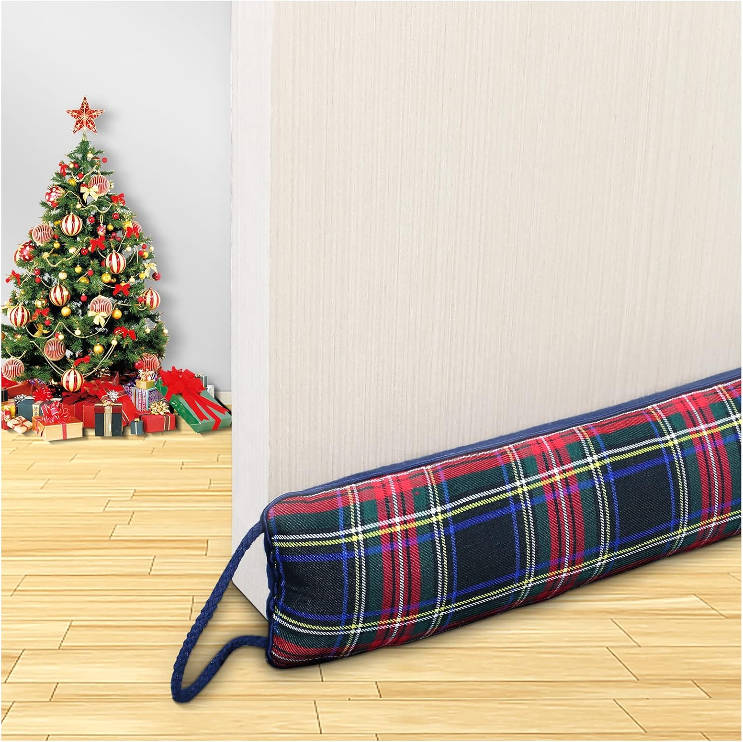 Draft Stoppers - Under Door Draft Stopper Noise Blocker 36 Inches for Door Bottom Air Seal Insulation and Soundproof, Heavy Duty Weather Guard Snake Stripping, Tartan Check Navy Blue