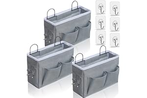 Kanrichu 3pcs Middle Wall Hanging Organizer Bag, Linen Fabric Door Hanging Storage Basket with Pockets, Waterproof Bin for Kitchen, Bedroom, Office, RV Camper (Gray)