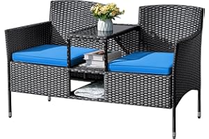 Flamaker Outdoor Furniture Patio Loveseat Wicker 2-Seat with Built-in Table and Cushions Rattan Porch Chairs Bench for Balcony, Lawn, Backyard (Blue)