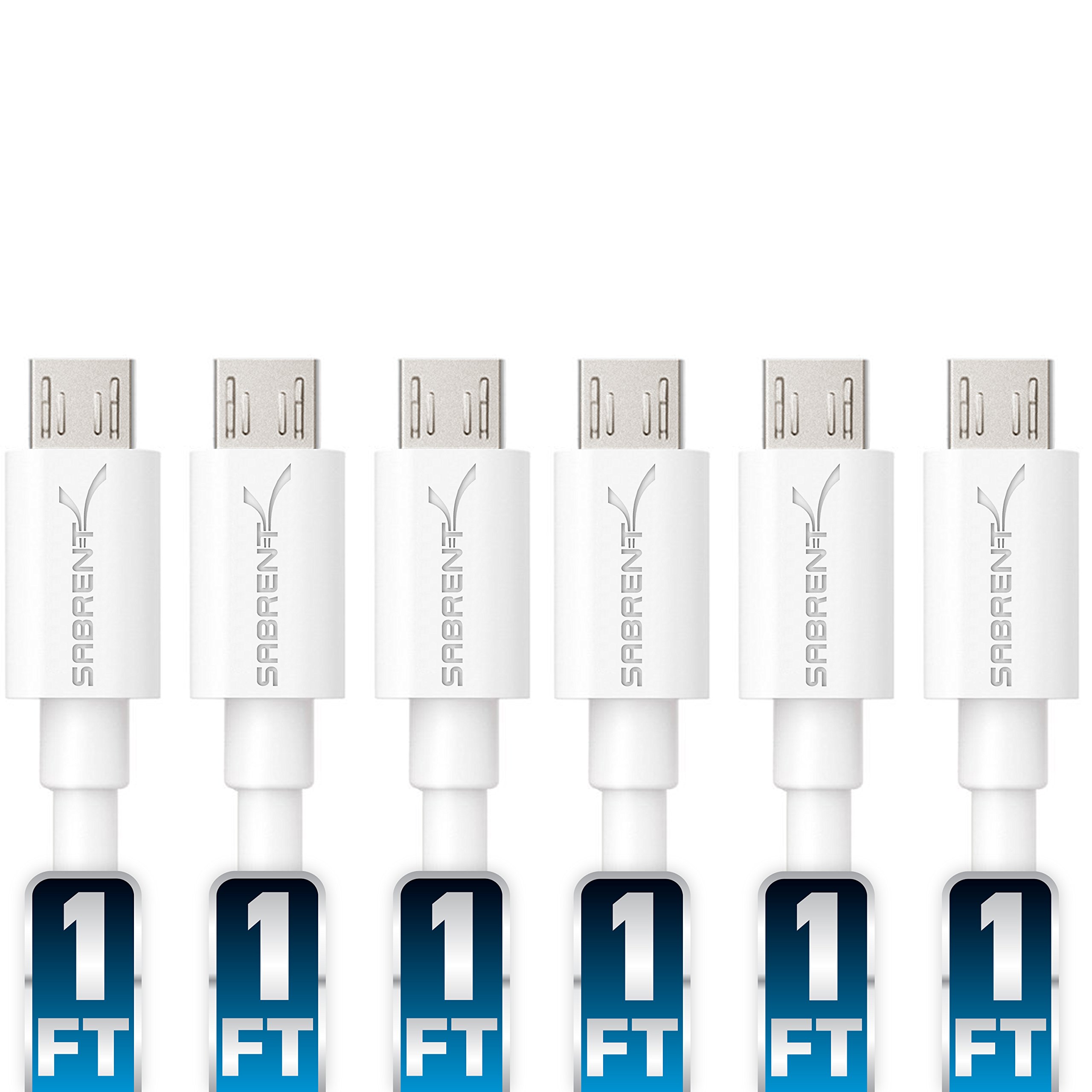 SABRENT [6-Pack 22AWG Premium 1ft Micro USB Cables High Speed USB 2.0 A Male to Micro B Sync and Charge Cables [White] (CB-M61W)