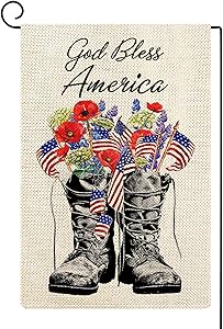 ORTIGIA Patriotic Memorial Day Garden Flag 12x18 Inch Double Sided God Bless America Yard Flags 4th of July Independence Day American Freedom Boots Veteran Soldier Yard Outdoor Decor