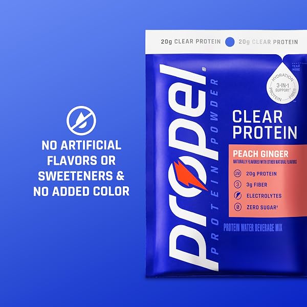 PROPEL CLEAR PROTEIN POWDER, PEACH GINGER, (5 SERVINGS), 20G PROTEIN, ZERO SUGAR, 3G FIBER, 90 CALORIES, NO ADDED COLORS, NO ARTIFICIAL SWEETENERS OR FLAVORS, ELECTROLYTES