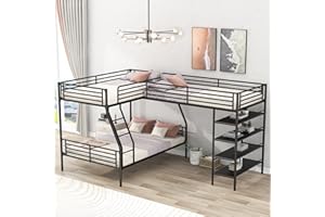 BOVZA L-Shaped Twin and Twin over Full Metal Triple Bunk Bed with 4 Built-in Storage Shelves, 3 Bunk Beds for Kids Teens Adults, Black