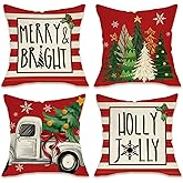 Fahrendom Christmas Tree Truck Decorative Throw Pillow Covers 18 x 18 Set of 4, Xmas Merry Bright Holly Jolly Porch Patio Outdoor Pillowcase, Winter Holiday Stripes Sofa Couch Cushion Case Home Decor