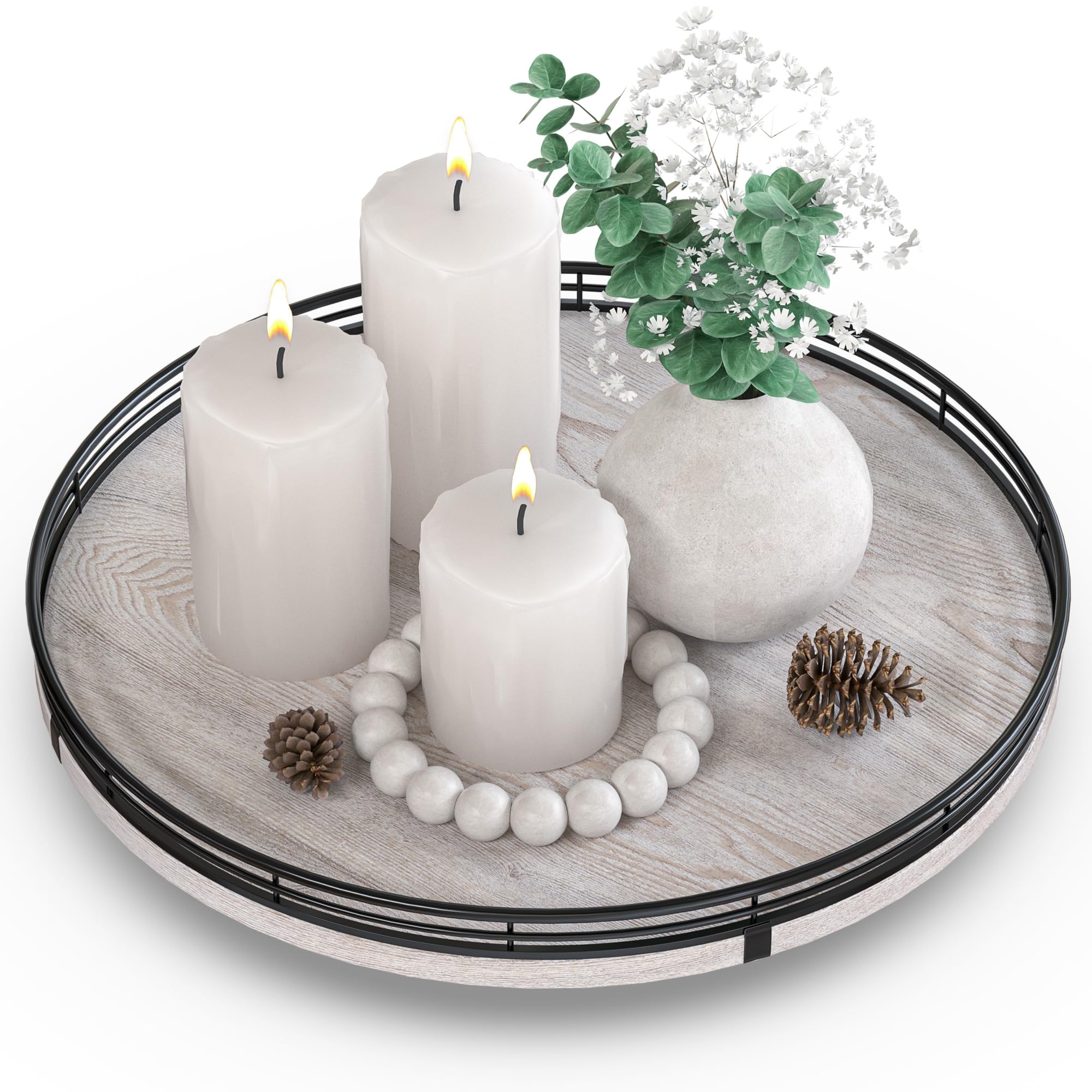 Photo 1 of 13" Oak Bathroom Vanity Tray Turntable for Perfume Candle, Round Wooden Decorative Tray for Kitchen Sink Countertop Organizer, Bathroom Counter Organizer for Skincare Makeup, Rustic Whitewashed