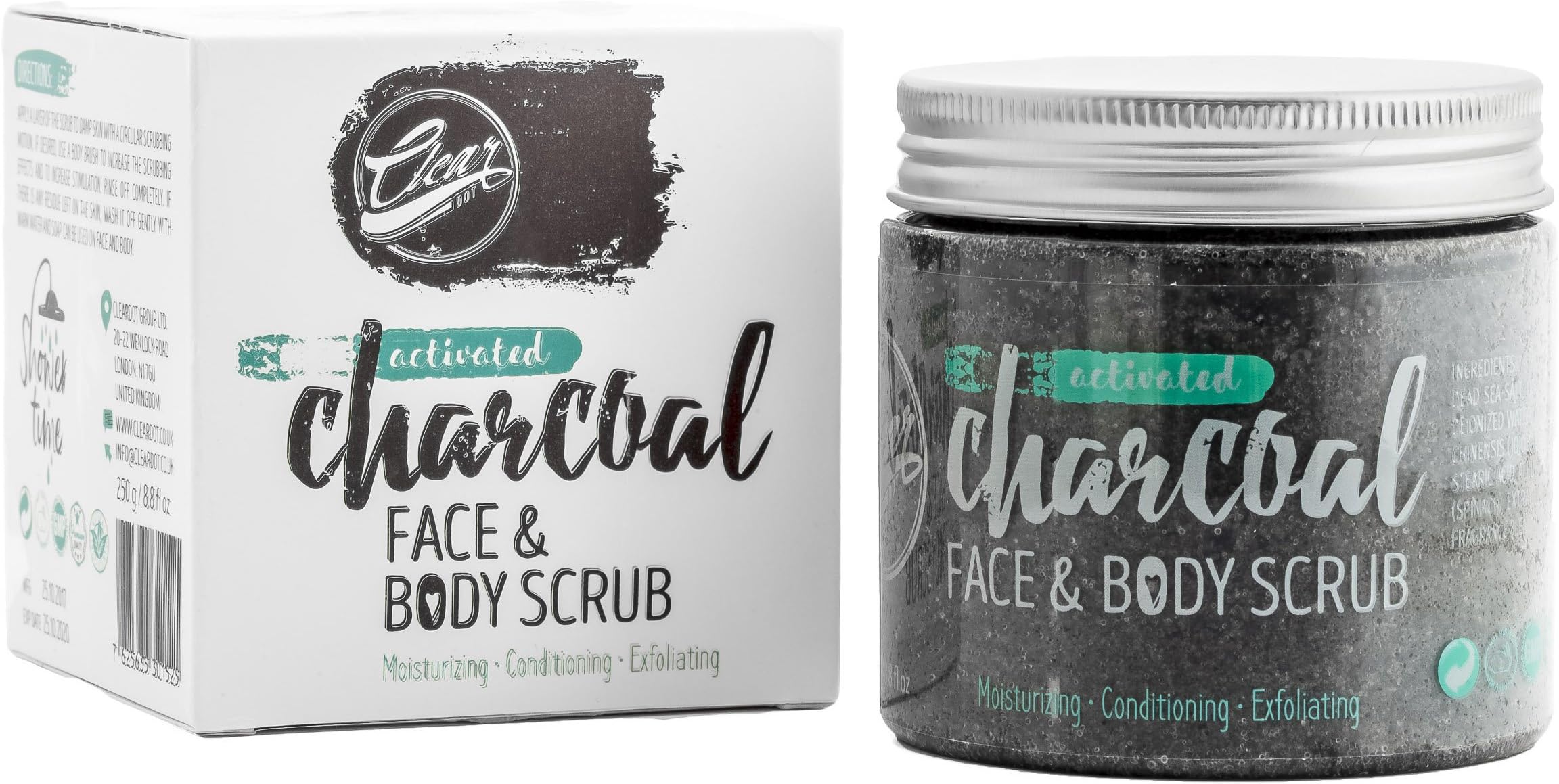 ClearDOT Body Care Activated Charcoal Body Scrub and Face Exfoliator - Natural Skin Care Formula Promotes Skin Whitening, Fights Acne and Helps Improve Complexion - 250g