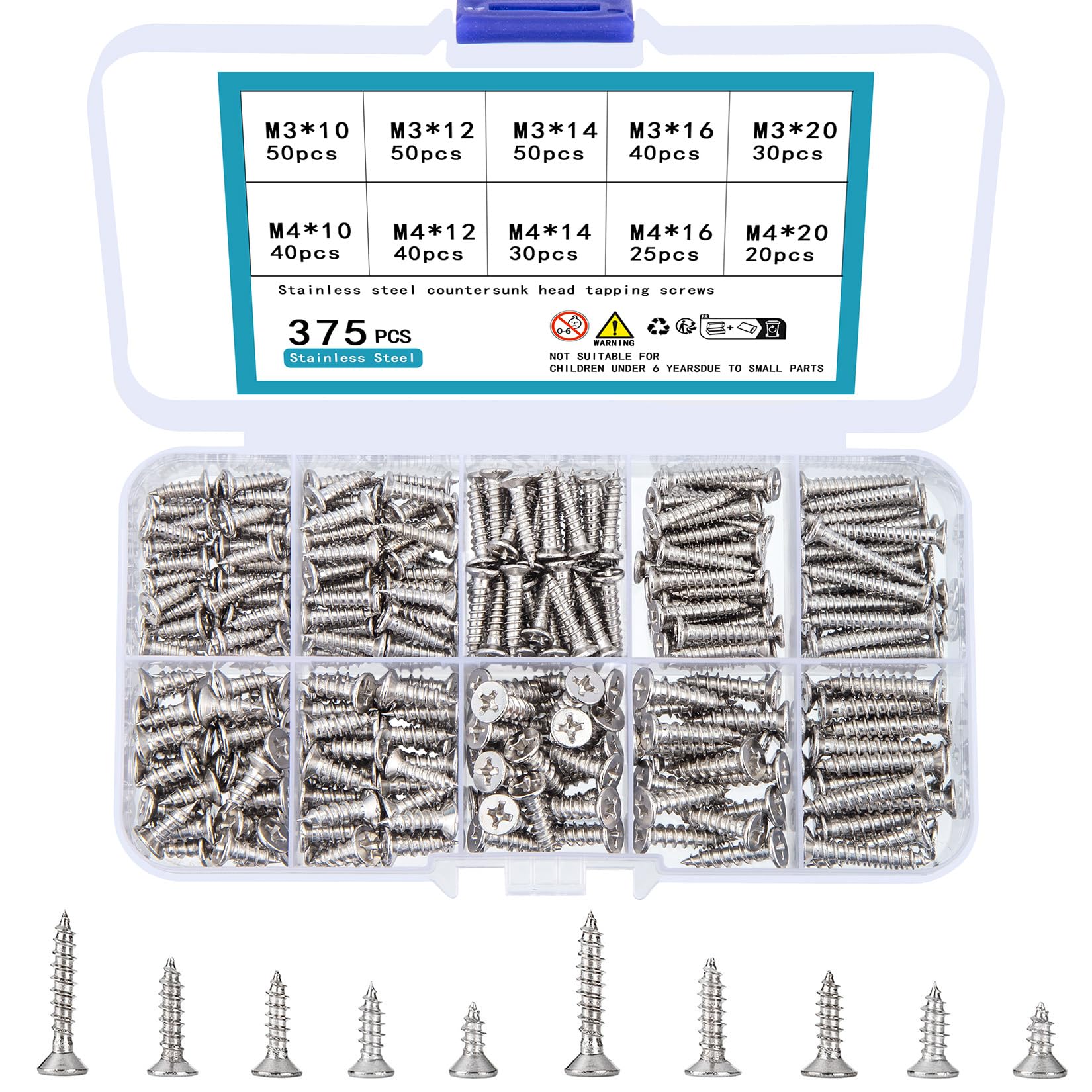 TOOINKCV 375 Pcs M3 M4 Flat Head Self Tapping Screws, Drive Wood Screws Assortment Kit, Assorted Self Drilling Screw, 85 Drywall Screw, Selbstschneidende Schrauben Set, (M3M4)