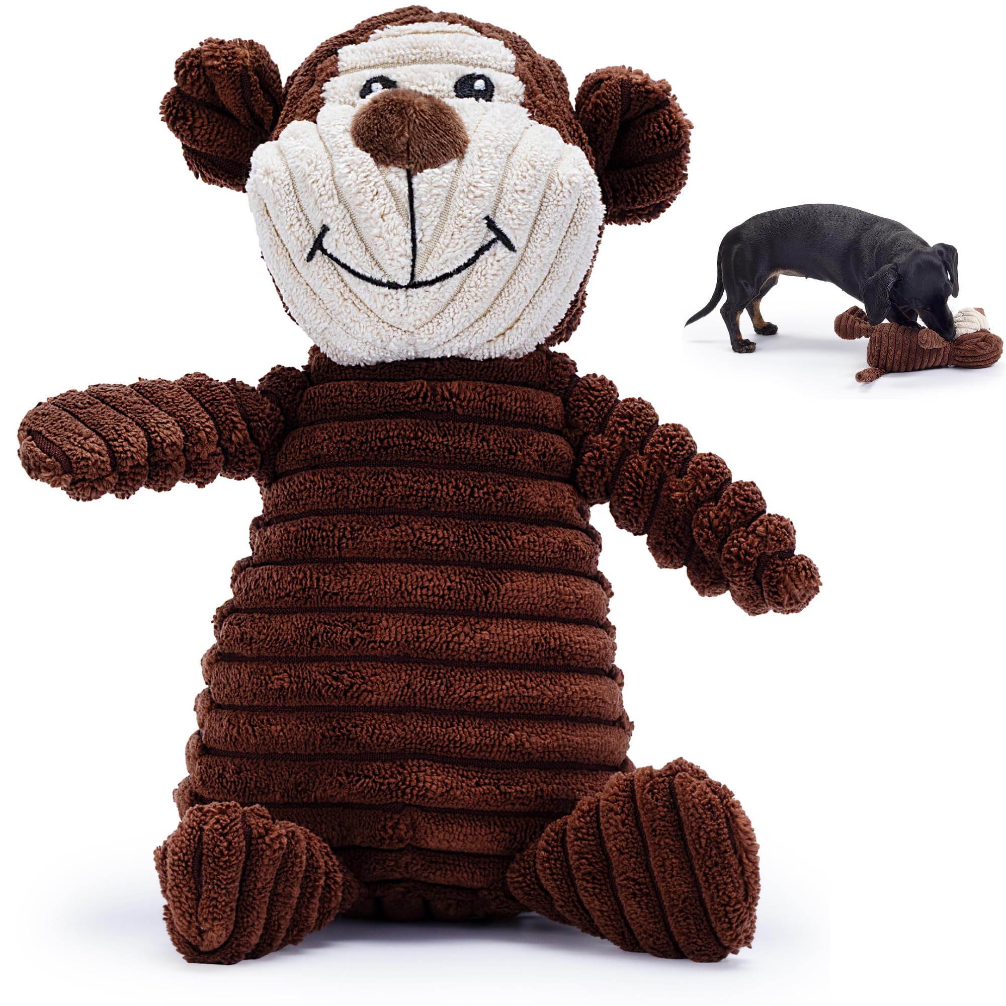 Zappi Co Brown Monkey Plush Dog Toy with Squeaker – Soft, ribbed fabric for chewing and interactive play. A great choice for small, medium, or large dogs playtime with squeaky toys