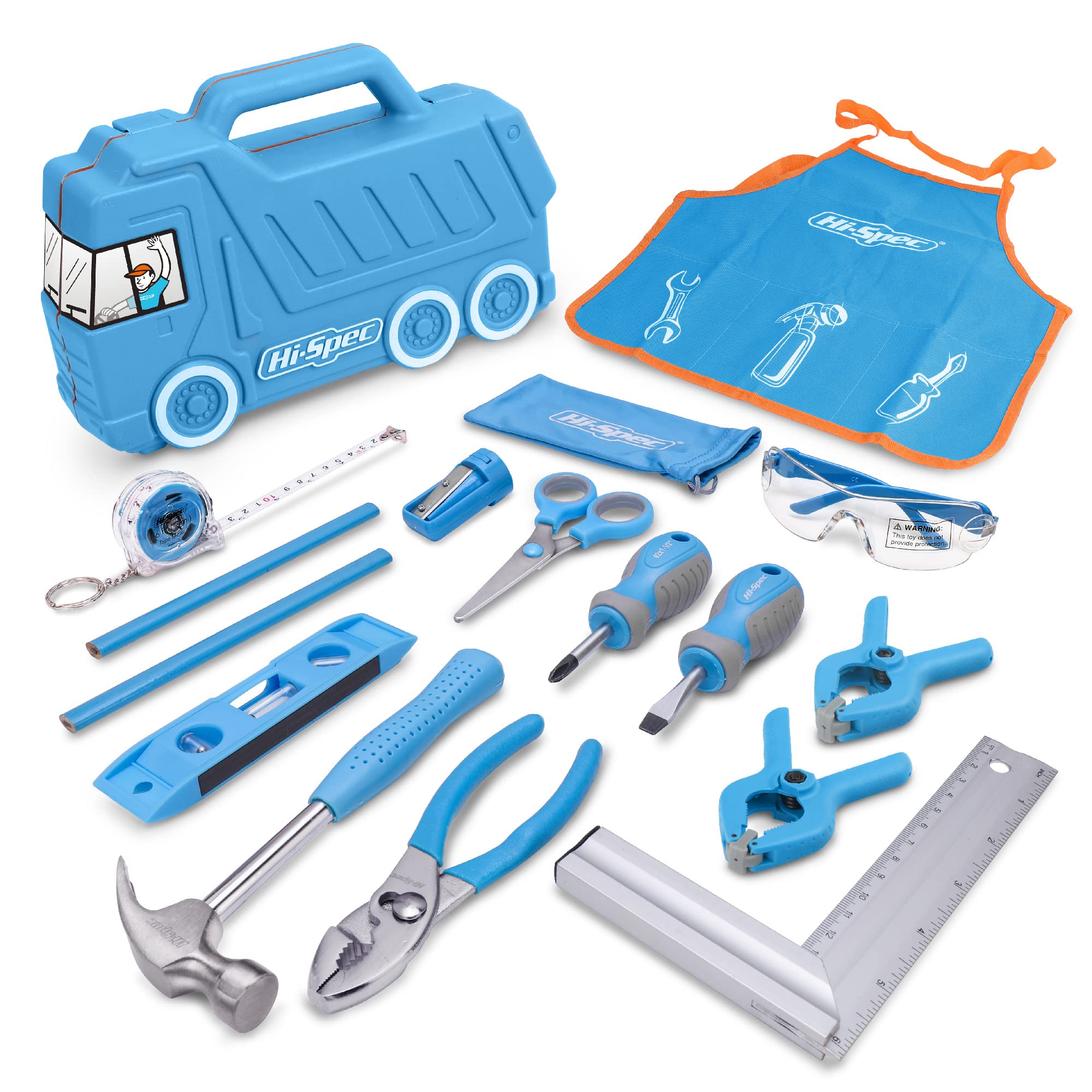 Hi-Spec 17pc Kids Tool Kit with Blue Truck Box, Kids Apron with Pockets, Level & REAL Small Hand Tools, Safety Scissors DIY Construction Educational Set. Gift for Boys