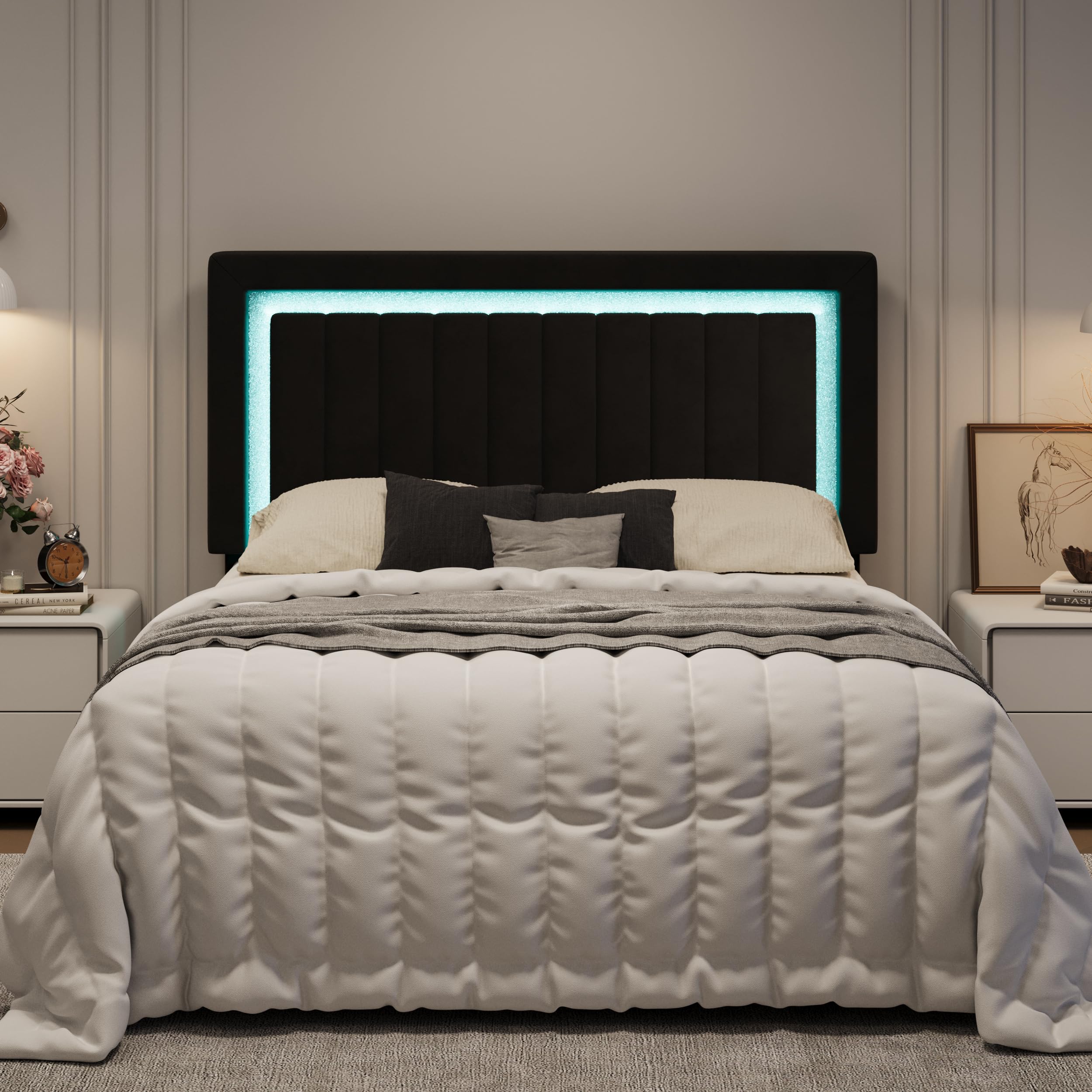 Photo 1 of ****SIMILAR ITEM****REFRENCE PICTURE****NOT THE SAME AS PICTURE***MANUAL NOT INCLUDED BUT ITS NEW****SHA CERLIN Queen Size Velvet Bed Frame with LED Light, Adjustable Vertical Channel Tufted Headboard, Strong Wooden Slats Support, Noise-Free, No Box Sprin