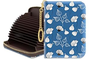 Rouidr Credit Card Holder for Women, Small Slim RFID Card Organizer Wallet with Zipper and Keychain, Blue White Plants