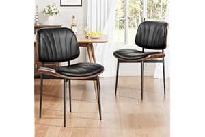 REONEY Dining Chairs Set of 2, Mid-Century Modern Upholstered PU Leather Chairs with Walnut Bentwood Back and Metal Legs Adjustable Feet for Kitchen, Black Shell Strips