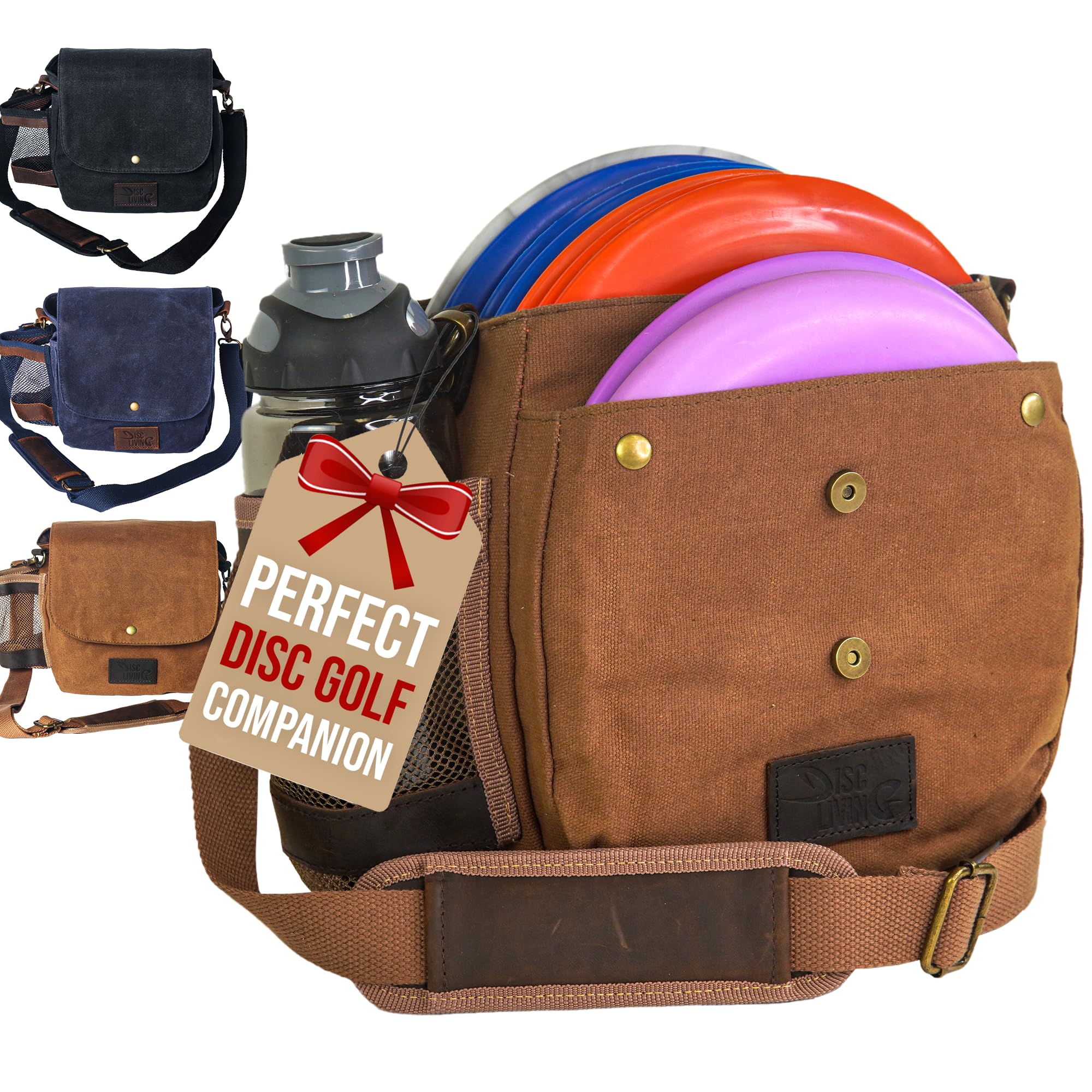 Photo 1 of Disc Living Disc Golf Bag | Frisbee Golf Bag | Easy to Carry | Lightweight Fits Up to 10 Discs | 16 oz Waxed Canvas Leather Design | Belt Loop | Double Button Design | Bottle Holder (Brown)