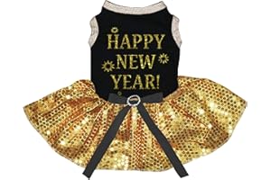 Petitebella Happy New Year Puppy Dog Dress (Black/Yellow Sequins, Medium)