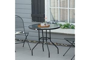 Outsunny 31.5" Round Outdoor Dining Table with Umbrella Hole, Patio Coffee End Side Bistro Table with Tempered Glass Top, Ste