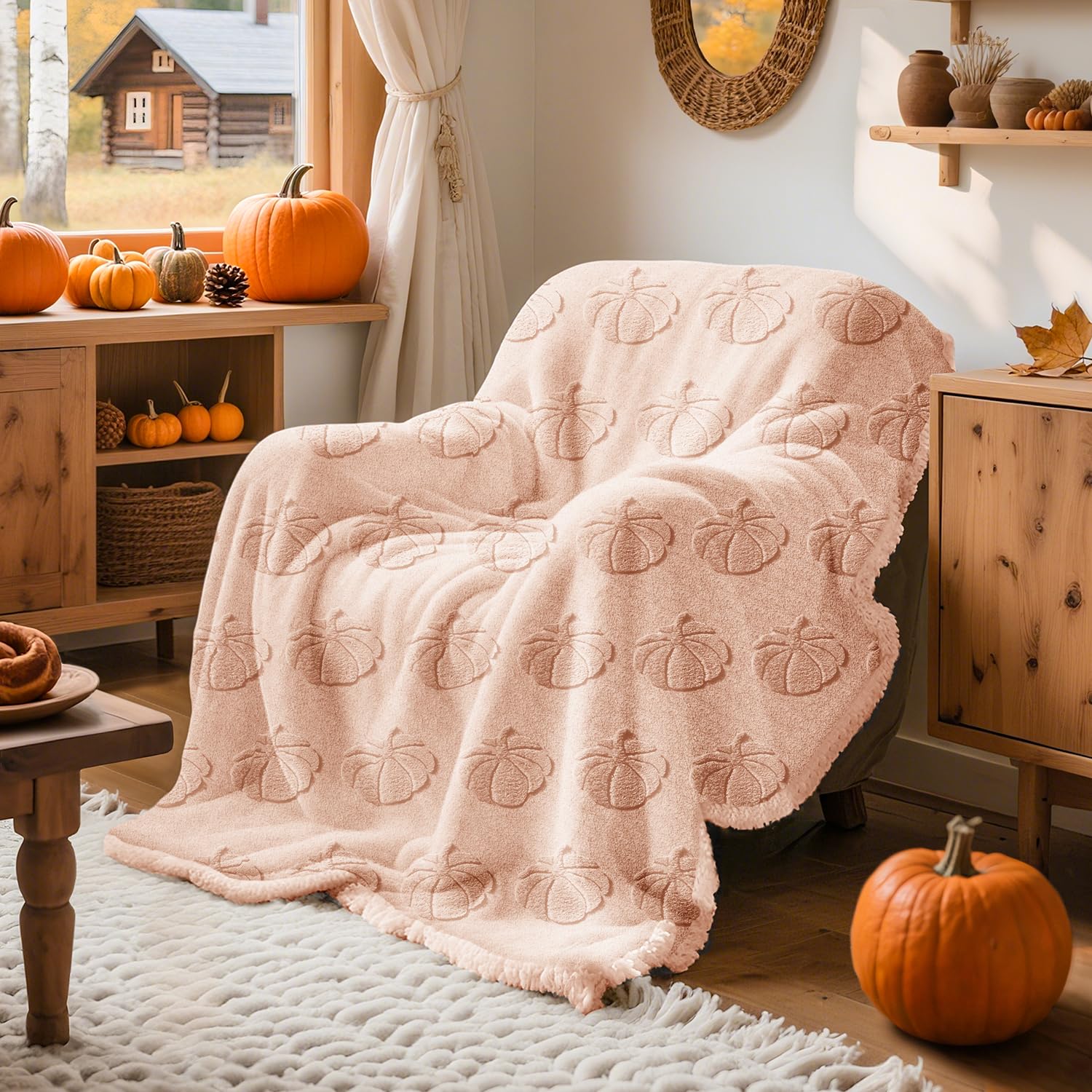 Photo 1 of Lanpn Fall Fur Throw Blanket, 530GSM Sherpa Fleece Throws for Couch Sofa, Soft Fluffy 3D Pumpkin Blankets, Autumn Plush Cozy Blanket, Thanksgiving Home Bed Living Room Decor Gift, 50x60, Beige