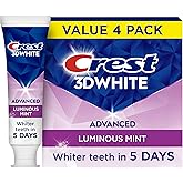 Crest 3D White Advanced Toothpaste, Luminous Mint, 3.7 oz (Pack of 4), Whiter Teeth in 5 Days, Enamel Safe Fluoride Toothpaste for Cavity Protection and Stain Removal
