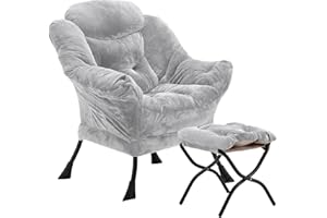 Youtanic Lazy Chair with Folding Ottoman, Accent Chair Plush Upholstered with Metal Structure and Non-Slip Pads, Sofa Armchair with Footrest and Side Storage Bag for Dorm, Room, Office, Light Gray