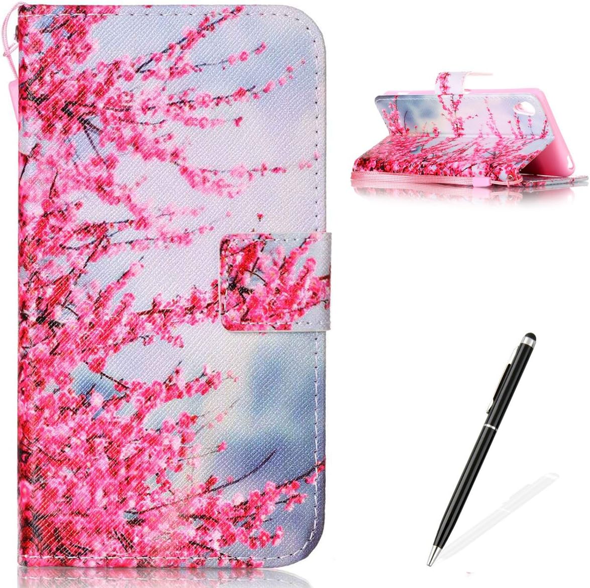 Feeltech for Sony Xperia XA Case Premium Colorful Pattern Folio PU Leather Wallet Cover [1*Pen] Stand Card Slots Magnetic Closure Full Body Protective Flip Book Style Hand Strap Plum Blossom