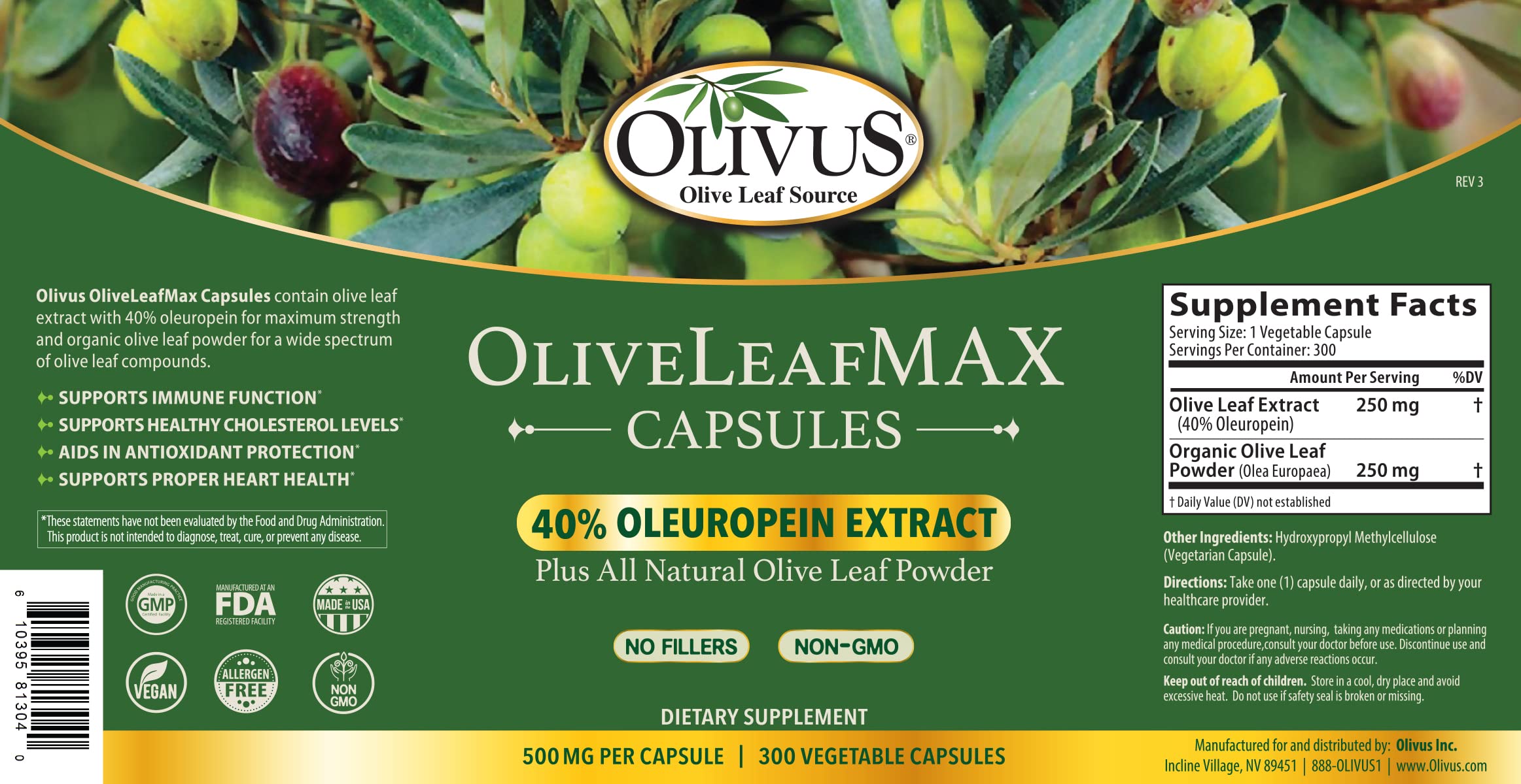 OliveLeafMAX Olive Leaf Extract (40% Oleuroepin) + Organic Olive Leaf Powder + No Fillers + 300 Vegetarian Capsules + Sourced from Spain and Manufactured in USA at GMP Facility