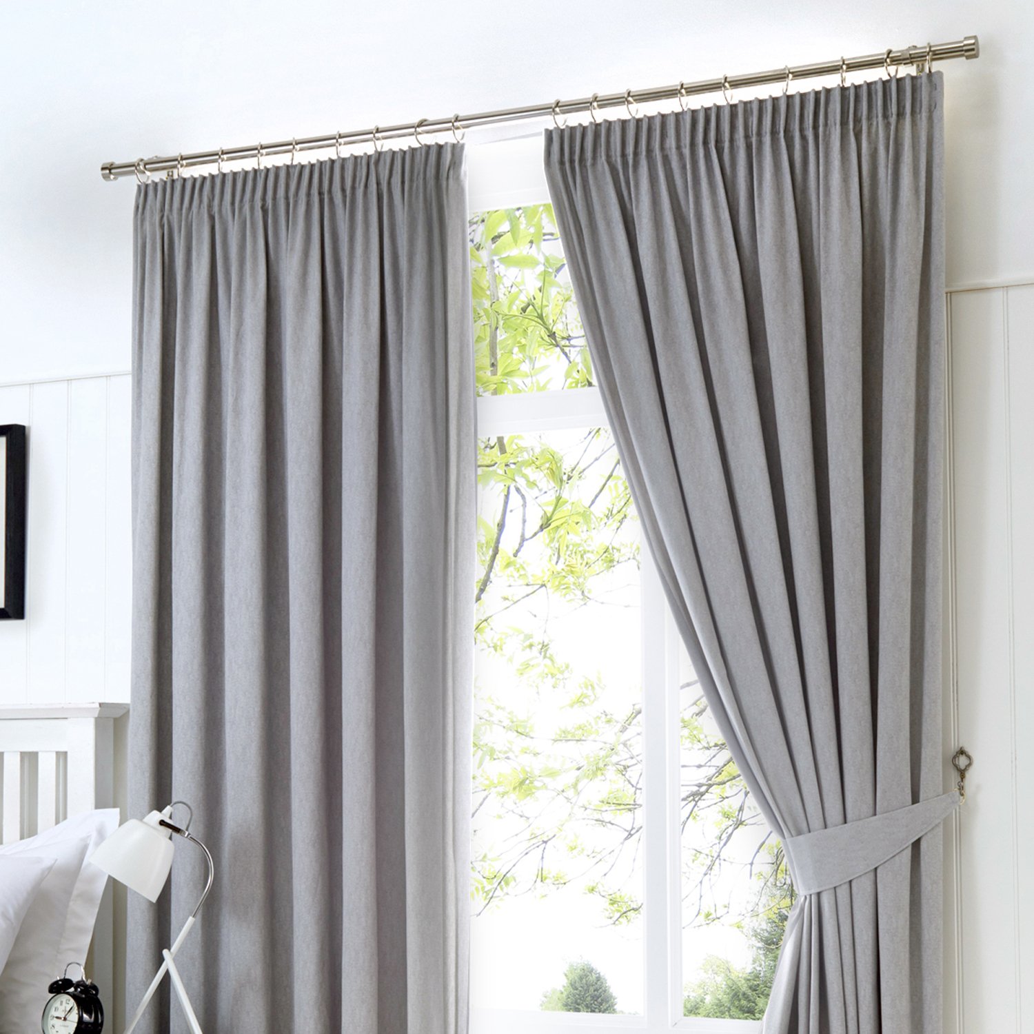 Fusion Dijon Blackout Pencil Pleat Lined Curtains, Silver, 46 x 72 Inch