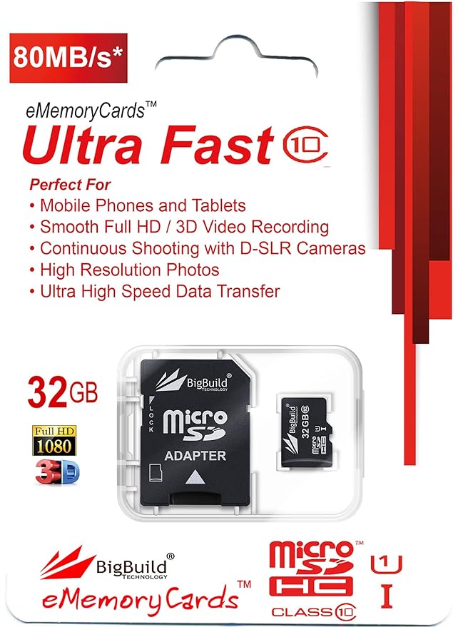 eMemoryCards 32GB Ultra schnelle 80MB/s Klasse 10 MicroSD SDHC Speicherkarte für Alcatel PIXI 4 8050D Mobile | SD Adapter ist