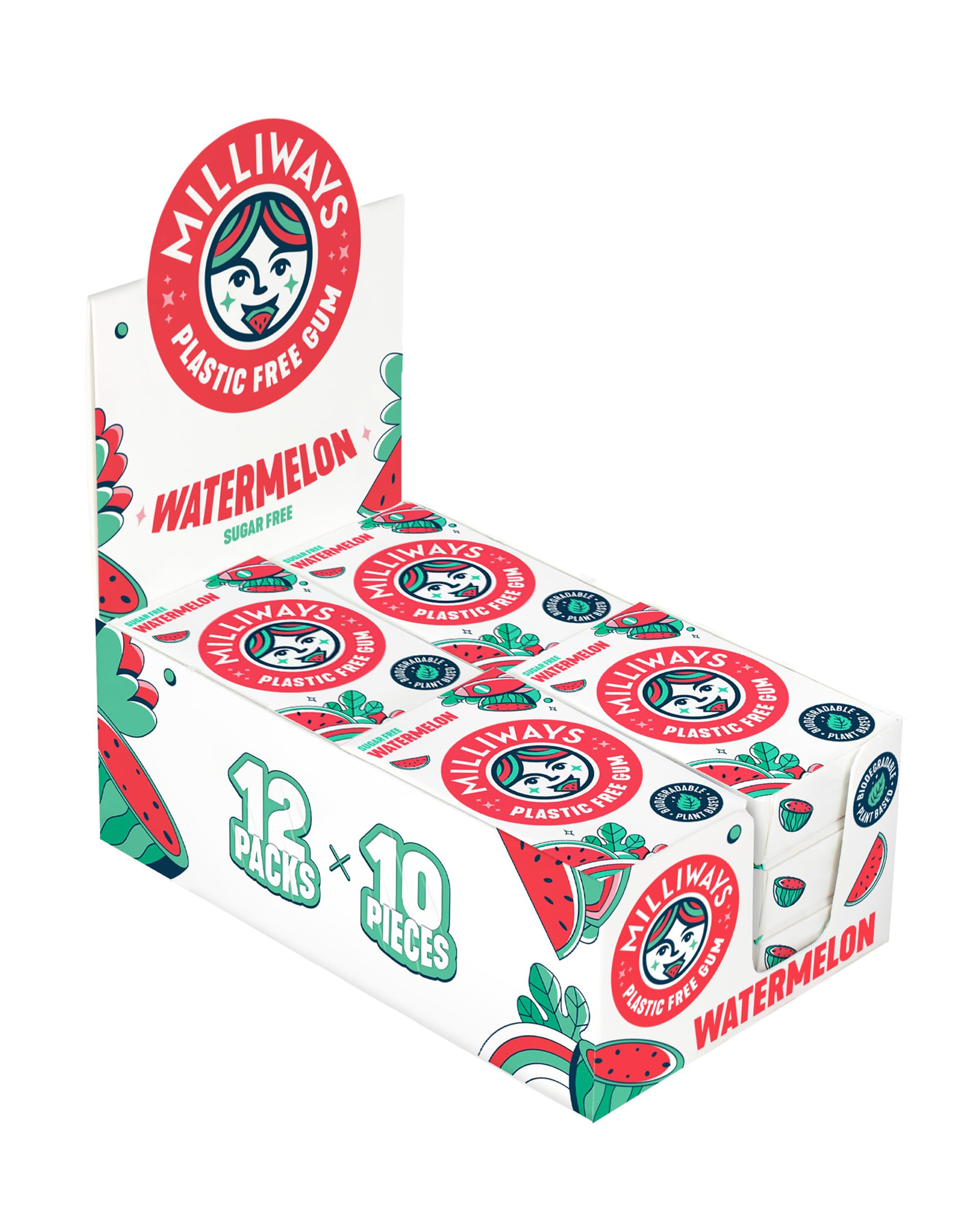 Milliways Watermelon Chewing Gum, Plastic Free, Sugar Free, Aspartame Free, Natural | 12 Packs of 10 Pieces (120 Pieces Total) | Xylitol, Plant-Based, Biodegradable