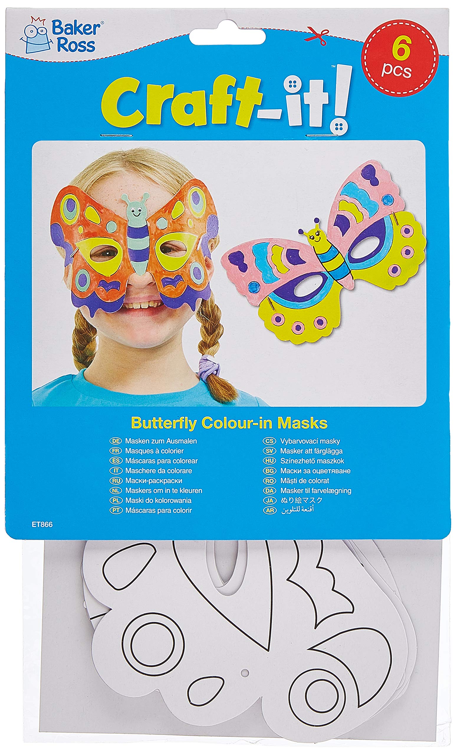 Baker Ross ET866 Butterfly Colour-in Masks (Pack of 6), Perfect Design and Decorate, Kids Arts Projects, Ideal for Home, Craft Groups and School, Assorted