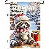 BlissYard Winter Garden Flag 12x18 Inch Christmas Garden Flag Cute Raccoon With Hot Cocoa Snowy Forest Scene Double Sided Christmas Flags Welcome Winter Flags Outdoor Yard Patio Seasonal Home Decor