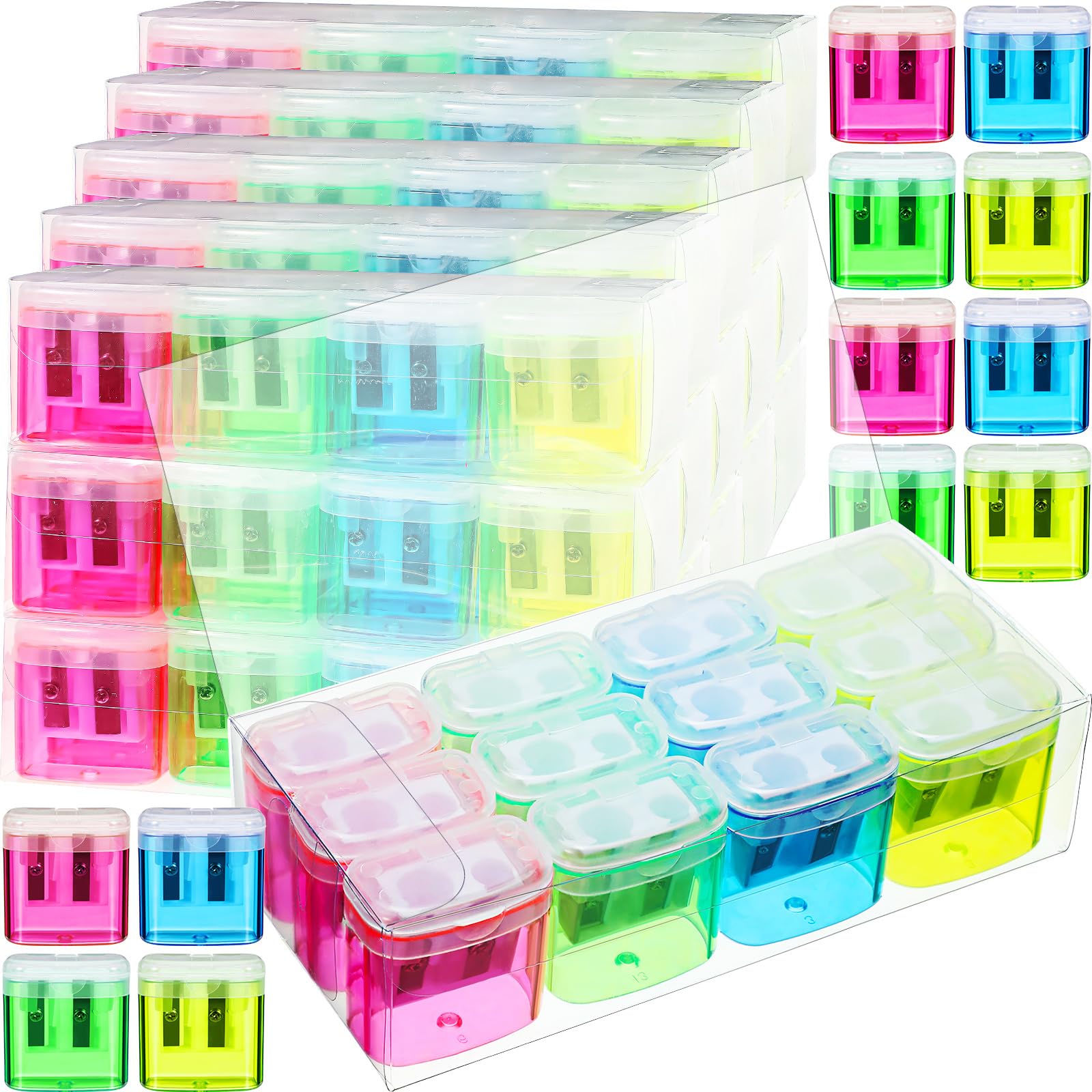 Photo 1 of Teling 216 Pcs Manual Pencil Sharpeners Bulk Handheld Dual Holes Pencil Sharpeners for Kids Colorful Portable Compact Sharpener with Lid for Students School Class Home Office Supply