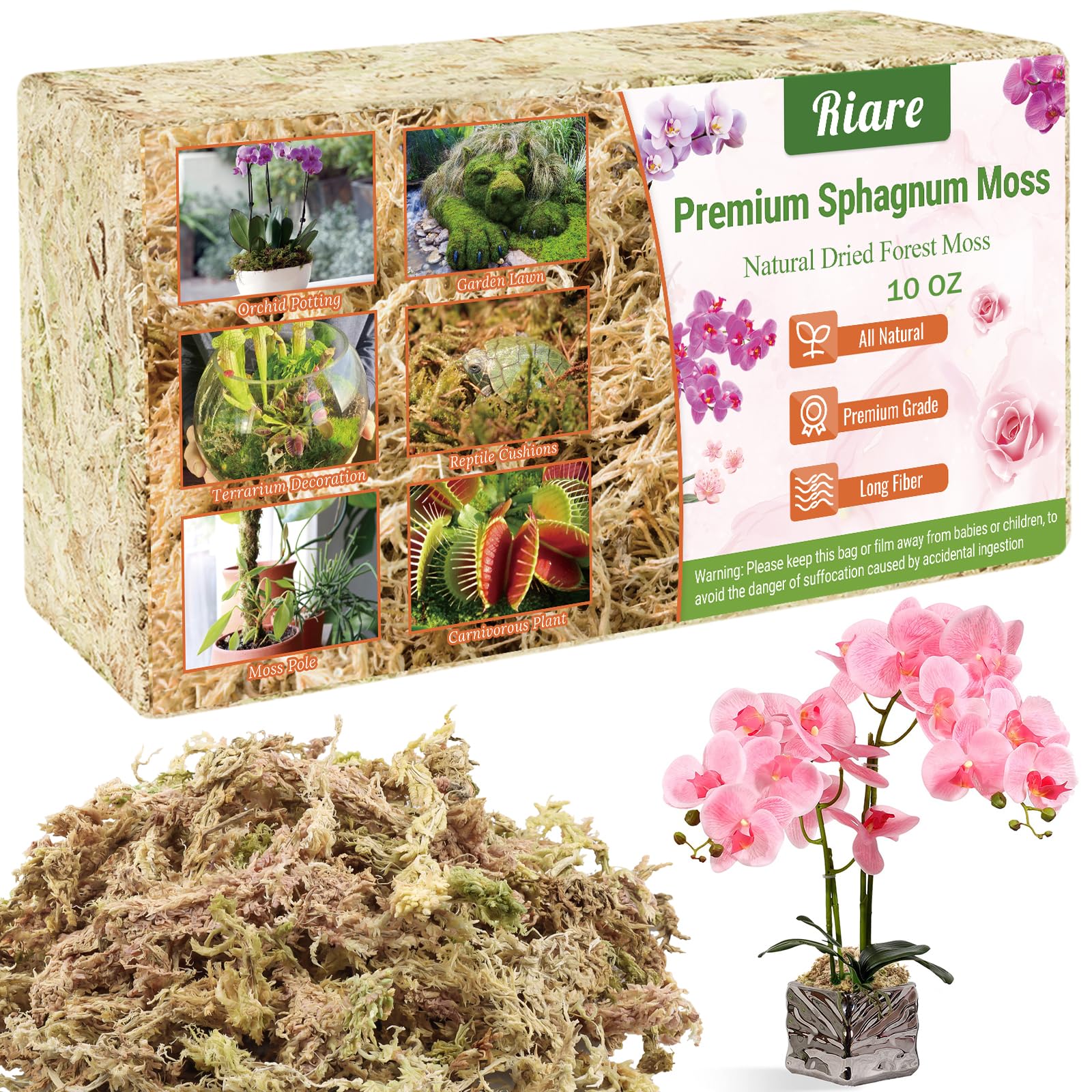 Riare 300g Natural Sphagnum Moss Dried Forest Moss Long Fibered Orchid Moss Potting Mix for Potted Plants Carnivorous Plants Moss Orchid Potting Mix,Reptile Substrate Habitat Decoration
