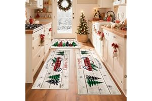 Pauwer Christmas Kitchen Rugs Sets of 3, Christmas Tree Truck Kitchen Floor Mats, Farmhouse Rugs and Mats Non Skid Washable, Runner Throw Rugs Doormat for Laundry Room