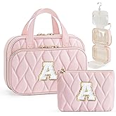 YOOLIFE Hanging Toiletry Bag Makeup Bag for Women Girls, Initial Toiletry Bag Cosmetic Bag, Personalized Birthday Gifts for Women Teen Girls Letter Pink A