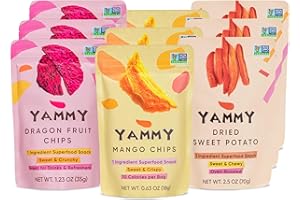 Yammy Dried Fruit Snack (Variety 9-Pack) - No Sugar Added 1 Ingredient Healthy Snacks for Adults & Kids - Sweet Potato Sticks, Freeze Dry Mango & Dragon Fruit Chips - Gluten Free Vegan Individual Packs