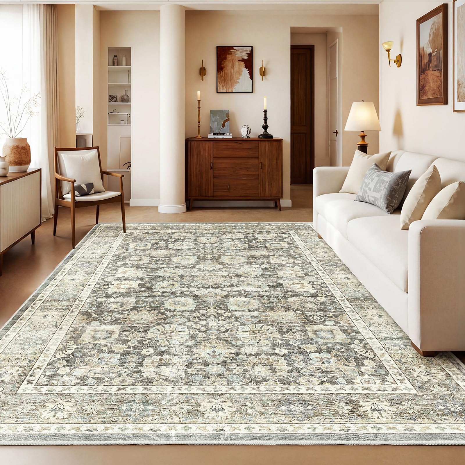 HOMFINE Vintage Washable Rugs for Living Room - 120x170cm Grey Area Rug for Bedroom Living Room Traditional Printed Design, Low Pile, Non-Slip, Non-Shedding