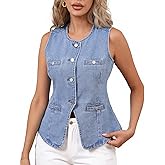 Ladyful Jean Vest Top for Women Sleeveless Button Down Denim Vest Crew Neck Fitted Western Waistcoat with Pockets