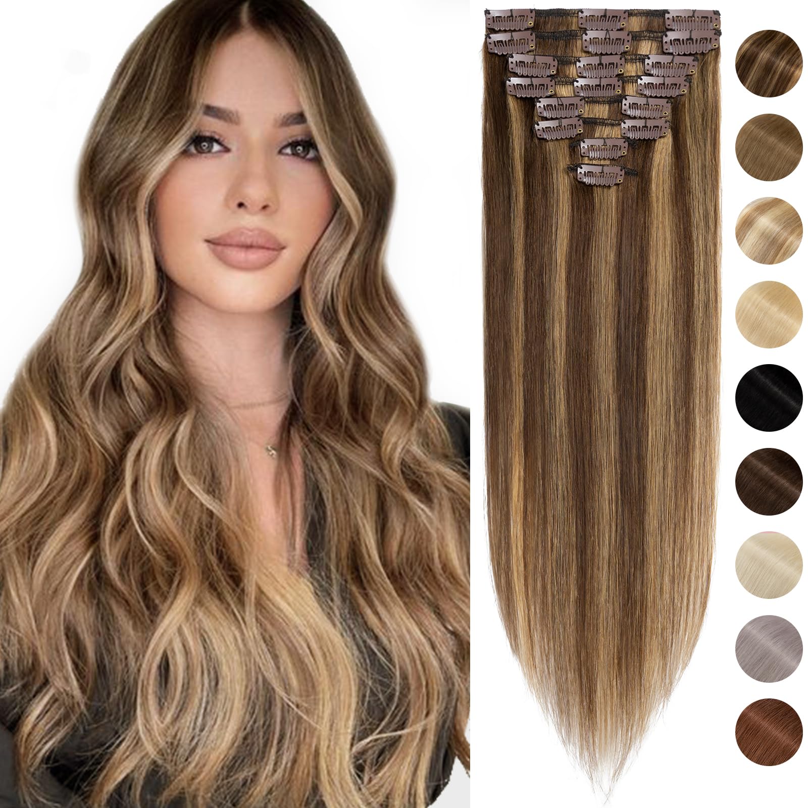 Silk-co Hair Extensions Clip in Hair Extension Human Hair (14"-60g, #4/27 Medium Brown&Dark Blonde) -Basic Thickness-Thin Weft- 8 PCS Real Remy Straight Hair Extensions — image 1