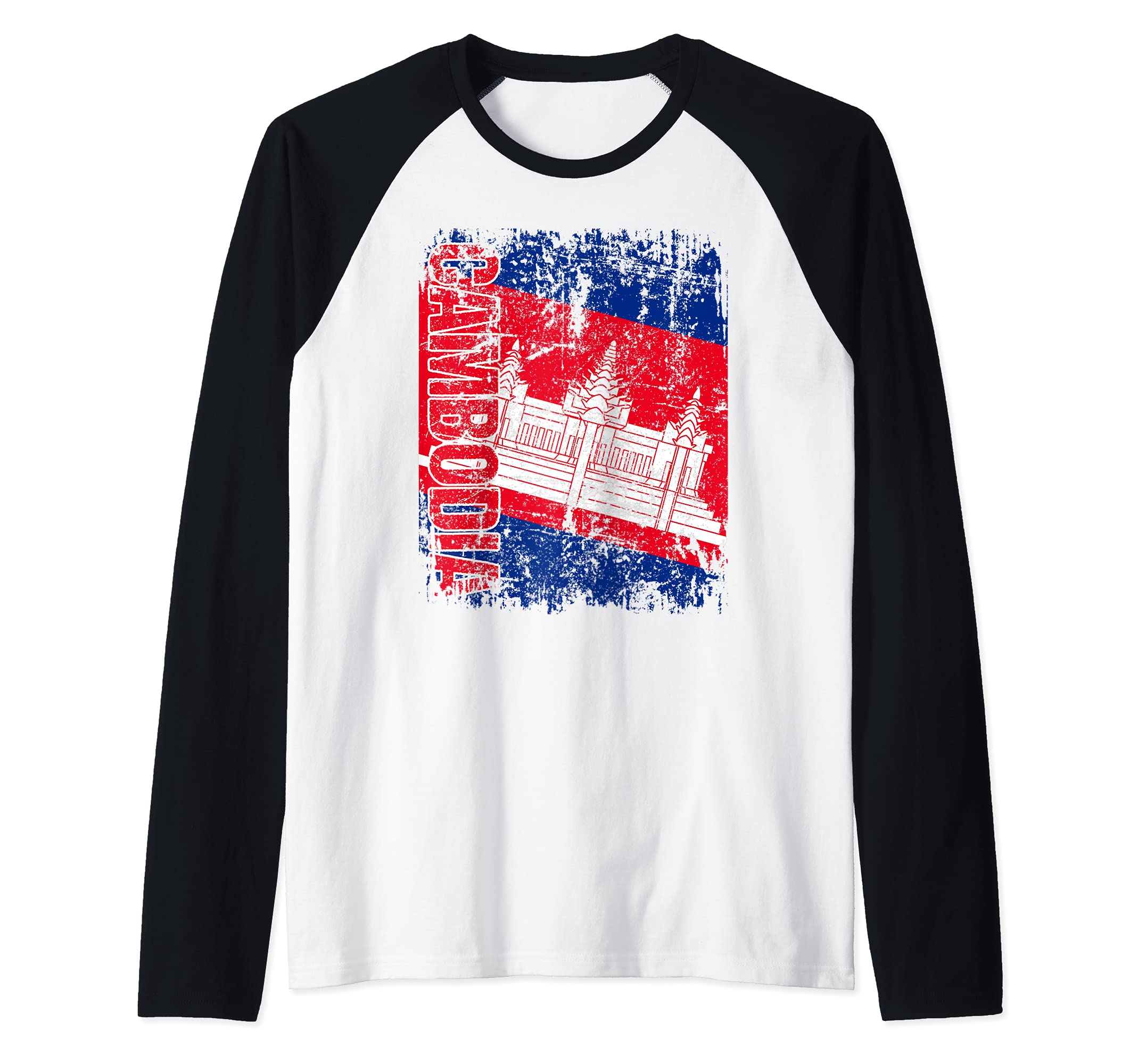 CAMBODIA Flag Vintage Distressed CAMBODIA Raglan Baseball Tee