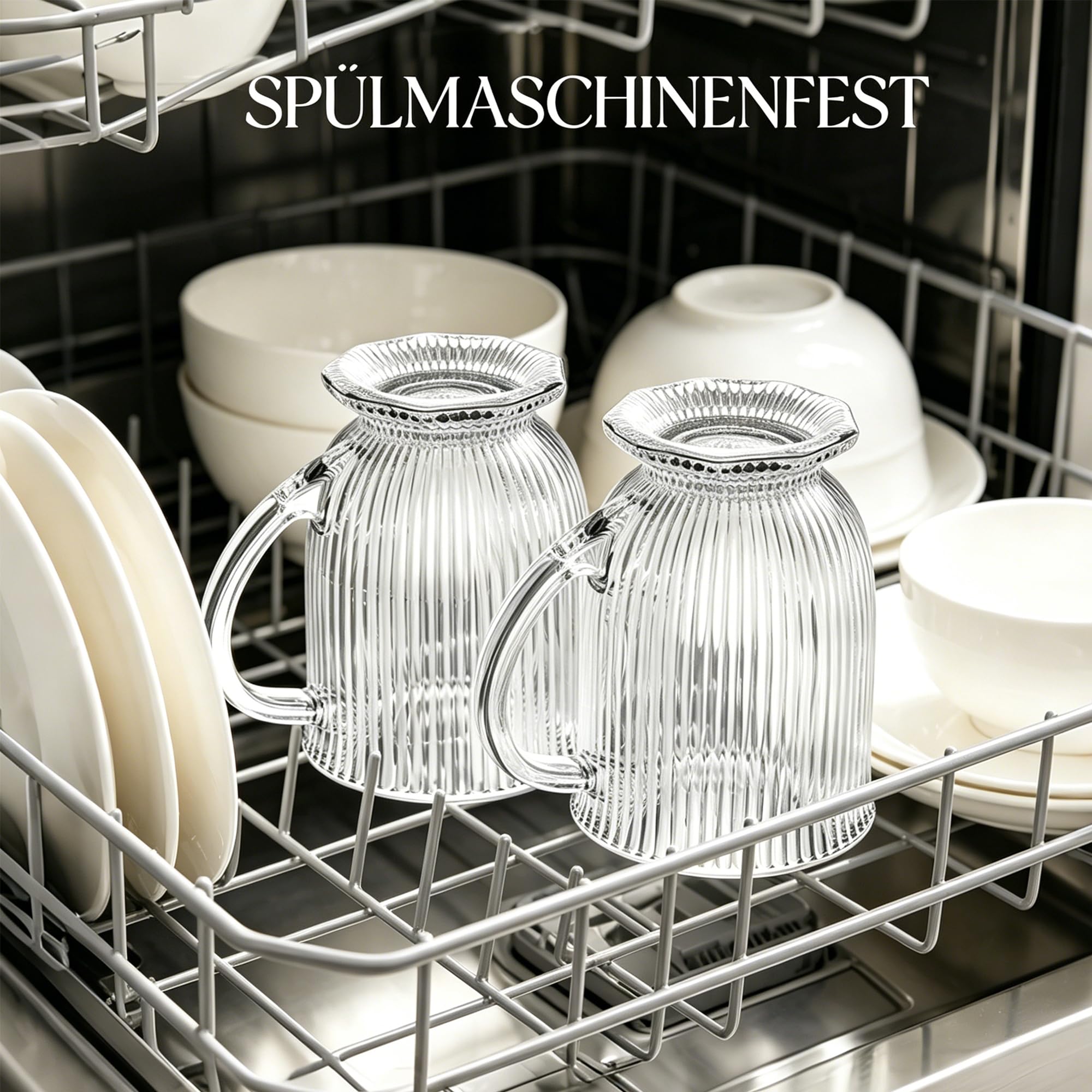 KEMORELA 4er-Set Glas Tassen 480ml mit Henkel, Irische Rillengläser für Heiße & Kalte Getränke, Spülmaschinengeeignet 8