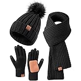 Winter Beanie Hat Scarf Gloves Set for Women, Womens Beanie with Pom Pom Long Scarf Neck Warmer Touchscreen Gloves 3 in 1 Set