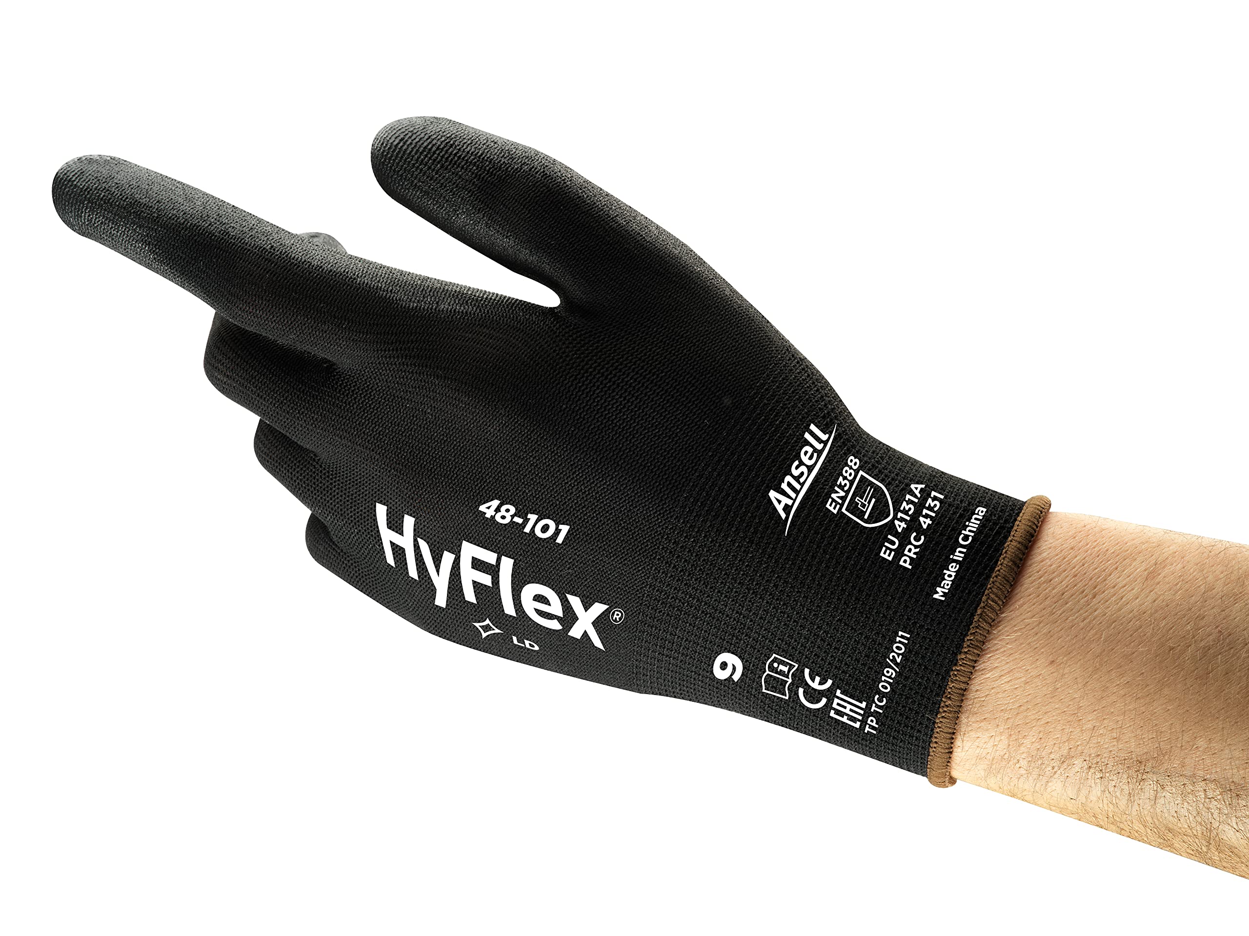 Ansell HyFlex 48-101 PPE Gloves, Lightweight PU Coated Protective Gloves, Durable Safety Gloves with Enhanced Tactility, Black Nylon Liner, Work Gloves X-Large for Precision Handling, 12 Pairs