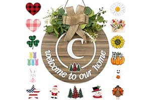 YUNKKIN Interchangeable Seasonal Monogram Letter C Welcome Sign Front Door Decor Wooden Wreaths for Front Door Wreath Rustic Initial House Warming Porch Wall Home Decorations for All Seasons