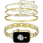 Slim Golden Band and 3Pcs 14k Golden Bracelet Set Women Feminine Elegant Compatible with Apple Watch 38/40/41/42mm(S10/11) Adjustable Metal Dressy Strap for iWatch Series 11/10/9/8/7/6/5/4/SE/3/2/1